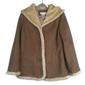 Jones New York Sport Women's Size L Coat Faux Suede Fur Jacket Hooded